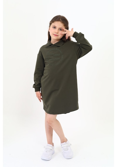 Kız Çocuk Baskılı Oversize Polo Yaka Uzun Kollu Elbise Haki