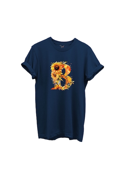 Ayçiçek Desenli B'' Harfi Baskılı %100 Pamuk Regular Fit Unisex T-shirt Lacivert