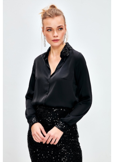Sateen Payet Detaylı Saten Gömlek - Siyah