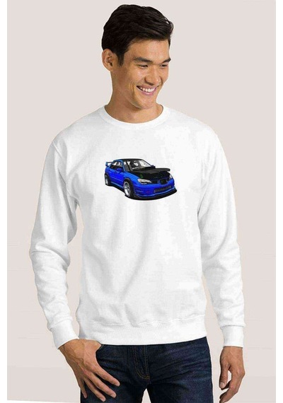 Subaru Impreza Stı Blue Baskılı Beyaz Erkek Örme Sweatshirt