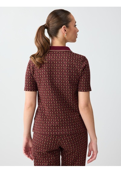 Jimmy Key Bordo Geometrik Desenli Polo Yaka Kısa Kollu Örme Bluz 6sw036586562