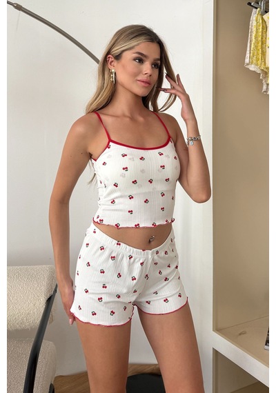 Giysa Kadın Askılı Kaplı Kiraz Desenli Şortlu Pijama Takımı Beyaz Kırmızı - 3403 Beyaz - Kırmızı