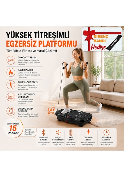 Yüksek Titreşimli Egzersiz Platformu Bluetooth Masaj Aleti Ev Fitness Cihazı Direnç Lastiği Hediye