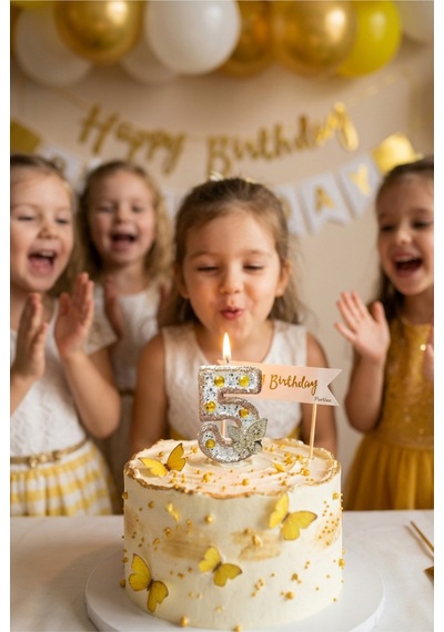 Gold Kelebek Detaylı Taşlı Rakam Mum Doğum Günü Pasta Süsü