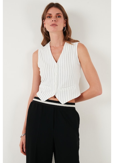 Lela Streç Fitted Fit V Yaka Düğmeli Bayan Yelek 5865971 Beyaz-Siyah