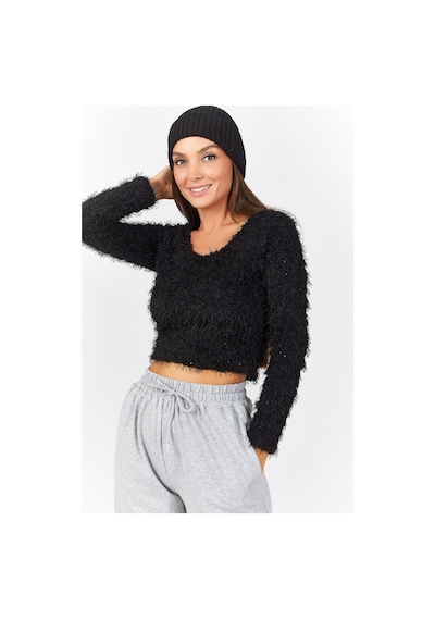 Armonika Kadın Siyah Pullu Sakallı Crop Kazak Arm-22y001179
