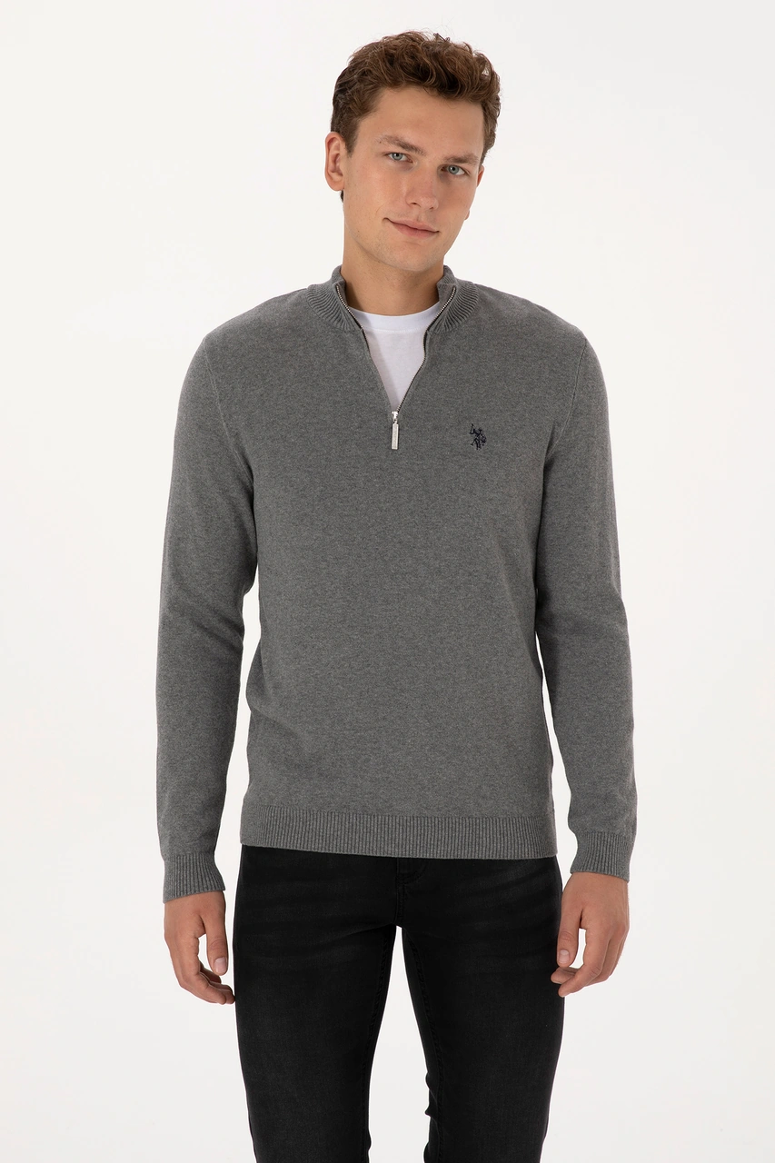 U.S. Polo Assn. Erkek Slim Fit Yarım Fermuarlı Gri Melanj Basic Kazak 50313695-VR109