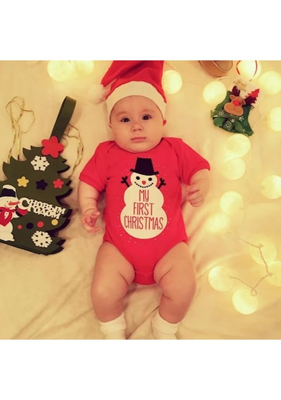 Yılbaşı Noel Christmas Temalı Organik Bebek Body Şapka Takımı 6-9 Aylık Kırmızı