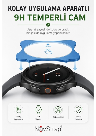 Novstrap Samsung Galaxy Watch 9 40mm İle Uyumlu 9h Temperli Cam Ekran Koruyucu Uygulama Aparatlı