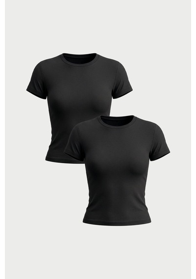 Auw Kadın Bisiklet Yaka Pamuklu Modal T-shirt 2'li - Softfit Siyah - Siyah
