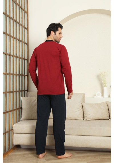 Enisena Erkek %100 Pamuklu Pijama Takımı-3 Düğmeli-12440 Bordo