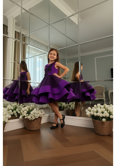 Lindissima Kız Çocuk Mat Saten Kumaş, Çiçek Aplikeli, Taş Detaylı ,tüllü, Fiyonklu Abiye Elbise Mor Lindissima Kız Çocuk Mat Saten Kumaş, Çiçek Aplikeli, Taş Detaylı ,tüllü, Fiyonklu Abiye Elbise Mor