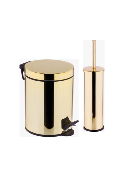 Gold - Altın Rengi Banyo 5 Lt Pedallı Çöp Kovası + Klozet Fırçası Gold