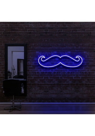 Bıyık Figürlü Neon Tabela Mavi