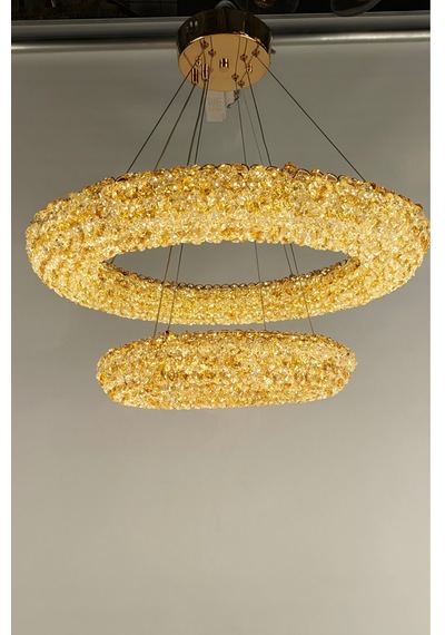 Çift Katlı Amber Kristal Taşlı Modern Led Halka Avize Gold 1