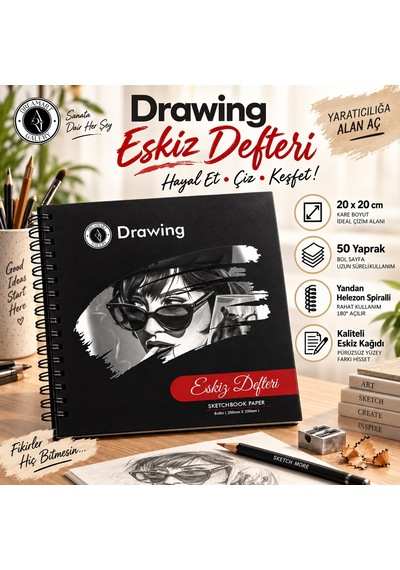 Dreamart Galery Eskiz Defteri 50 Yaprak Bej Kağıt Spiralli Sert Kapak Karakalem Çizim Defteri 20x20 Cm