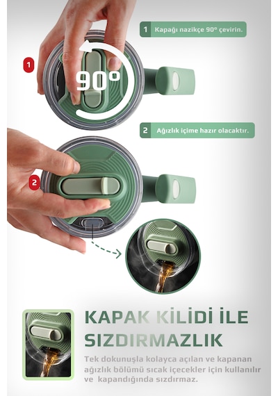 Fika Lumi Patentli Döner Kulplu Sızdırmaz Çift Ağızlıklı Çelik Termos 950 Ml Mint Yeşili