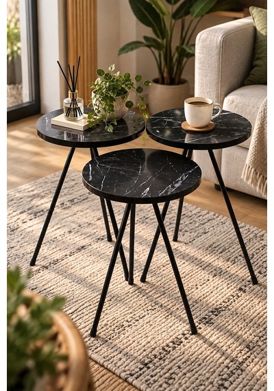 Sulorahome Siyah Metal Ayaklı 3'lü Yuvarlak Zigon Sehpa Takımı