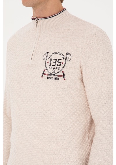 U.S. Polo Assn. Erkek Slim Fit Yarım Fermuarlı Krem Melanj Kazak 50314155-VR159