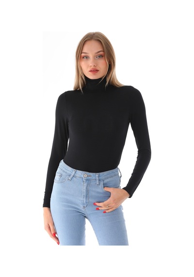 Penyebizden Kadın Viskon Tam Balıkçı Yaka Çıtçıtlı Zıbın Body-siyah