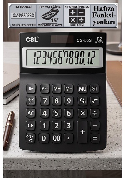 Hesap Makinesi Siyah 12.5x17 Cm 1 Adet Csl Cs-55s 12 Haneli Orta Boy Okul Ofis Büro Masaüstü Hesap Makinası