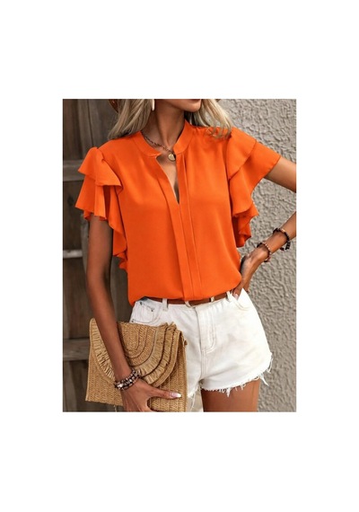 Butik İstanbul Kadın Kısa Kollu V Hakim Yaka Kolları Fırfırlı Dubai Bluz Turuncu Butik İstanbul Kadın Kısa Kollu V Hakim Yaka Kolları Fırfırlı Dubai Bluz Turuncu