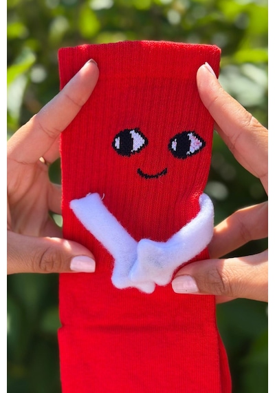 Lousocks Unisex Kırmızı Elele Tutuşan - Halay Çeken Çorap 1 Çift - Sevimli Yüz İfadeli Soket Çorap