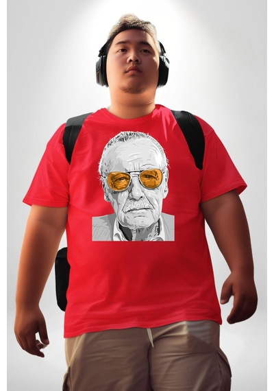 Angemiel Stan Lee Kırmızı Büyük Beden Erkek Kadın Unisex Basic Ön Baskılı Tişört Kırmızı