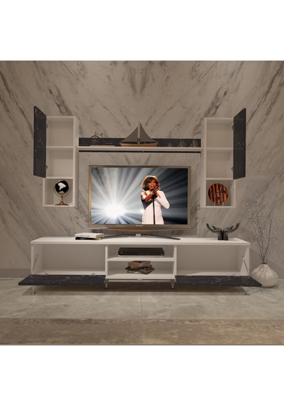 Decoraktiv Eko 5da Mdf Dvd Silver Tv Ünitesi Tv Sehpası Beyaz - Siyah Mermer