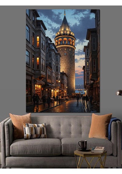 Ahşap Tablo Gece Galata Kulesi Sokağı