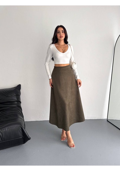 Ozy Fashion Kadın Süet Kloş Etek Haki