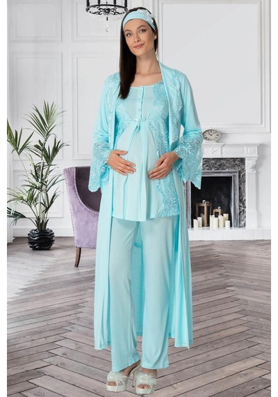 Mecit Pijama Mecit 5353 Bayan Hamile Lohusa Turkuaz Sabahlık Pijama Takımı