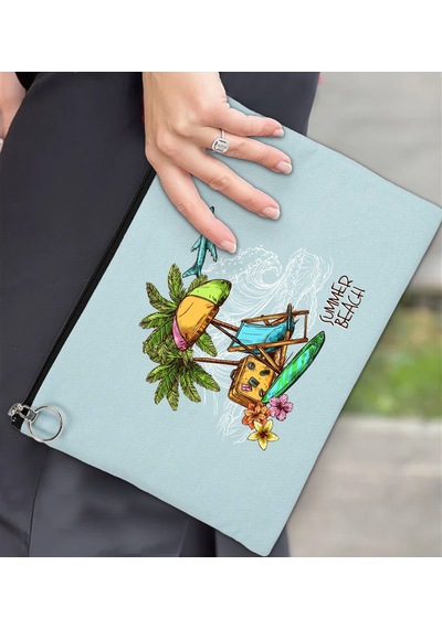 Bk Gift Yaz Temalı-9 Astarlı Açık Mavi Portföy Çanta 30x21cm, Baskılı El Çantası, Organizer Çanta