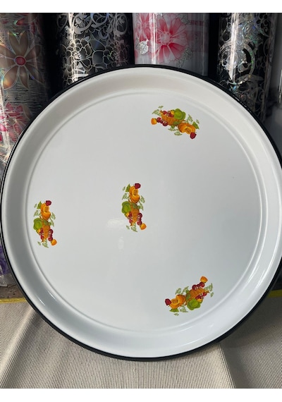 Emaye Sini Sofra, Yemek Sunum Tepsi, Yer Sofrası Çinko 60 Cm Beyaz - Gri - Siyah