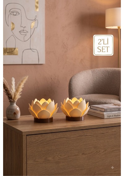 2'li Lotus Led Mum Dekoratif Gece Lambası Ve Huzur Işığı Beyaz