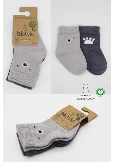 Melonika Bear Penye Soket Çorap 2'li Gri Çok Renkli