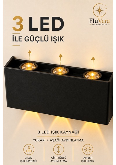 Pilli Amber 12w 3 Led Çift Taraflı Siyah Duvar Aplik Dekoratif Led Aydınlatma İç Dış Mekan Siyah