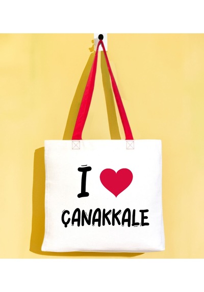 Bk Gift I Love Çanakkale Kırmızı Renkli Kulp Gabardin Bez Çanta 40x35cm, Baskılı Omuz Çantası, Alışveriş Çantası, Plaj Çantası