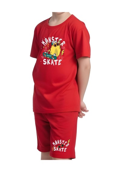 Fyk Kids Erkek Çocuk Tişört-şort Skate Baskılı Alt-üst Takım Kırmızı