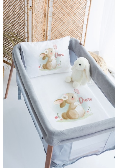 %100 Pamuk Saten İsme Özel 70x120 Park Yatak Nevresim Seti Tavşan Ve Kelebek