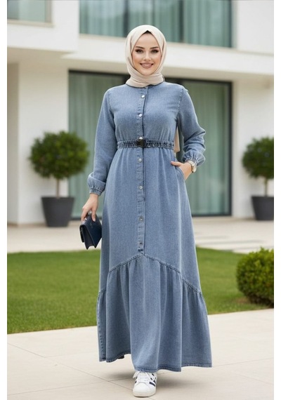 Hb Harma Time Butik Kadın Düğmeli Kuşaklı Koyu Mavi Kot Elbise Koyu Mavi Koyu Mavi