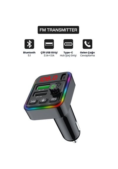 Bluetooth Araç İçi Fm Transmitter Pd + 3.1a Hızlı Şarj Çift Usb Rgb Led Ekranlı Müzik Çalar