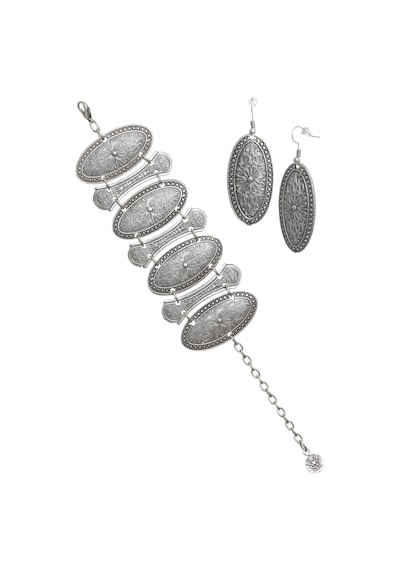 Kadın Antik Gümüş Kaplama Etnik Motifli Oval Formlu Küpe &bileklik Set Gümüş