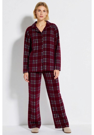 Benerly Kadın Büyük Beden Gömlek Yaka Uzun Kol Ekose Polar Pijama Takımı bordo