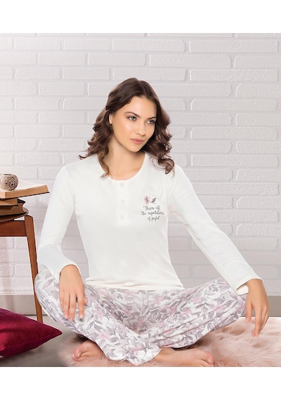 Uzun Kol Jakarlı Kumaş Yumuşak Kışlık Şık Zarif Pijama Takım Dowry 09-164 Pembe