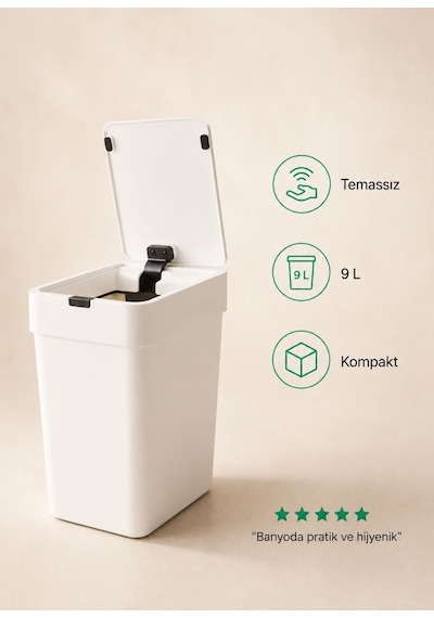 Slim Sensörlü Akıllı Çöp Kovası 9 L - Dar Alan İçin Otomatik Banyo Mutfak Çöp Kutusu Beyaz