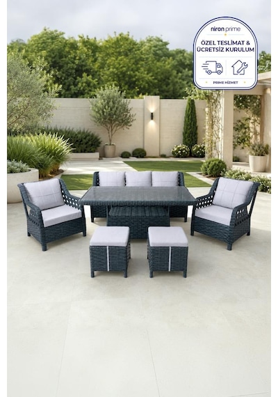 Niron Grand 3'lü Rattan Alüminyum Bahçe Oturma Grubu - Antrasit Temperli Cam Set 3+1+1+puf
