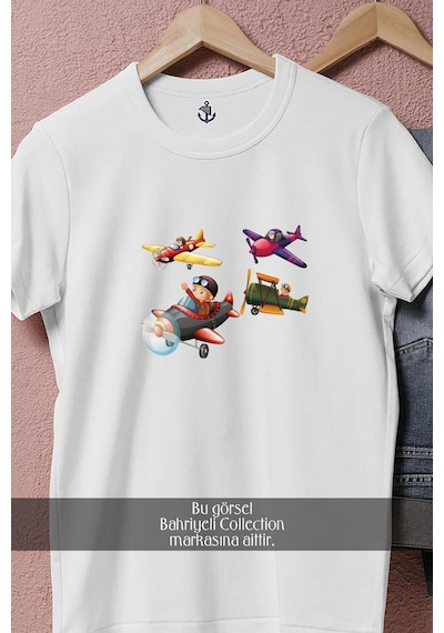 Oversize Airplane Aircraft Flight Illustration Cartoon Tasarımlı Unisex T-shirt Beyaz