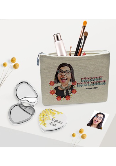 Kişiye Özel En Iyi Anne Karikatürlü Keten Makyaj Çantası ve Kalp