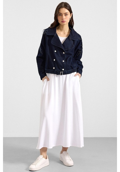 Olcay Kolu Boncuk İşlemeli Astarsız Denim Ceket Lacivert 8283